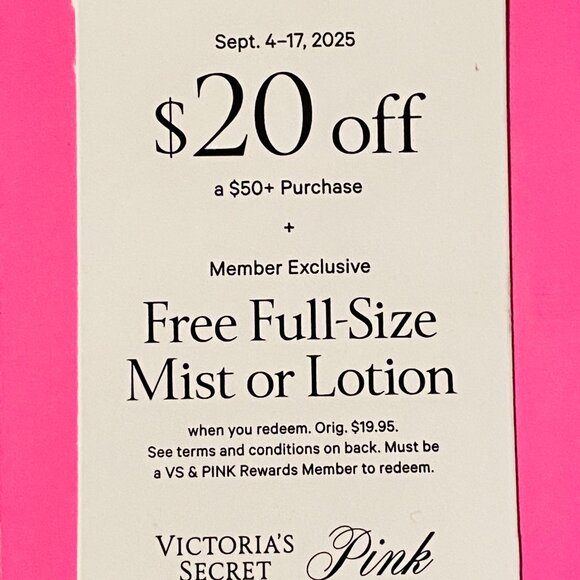 Victoria's Secret PINK $20 off $50 Purchase Lotion Mist Victoria VS V.S Coupon - Picture 1 of 1